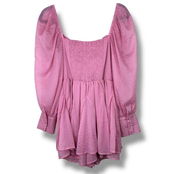 Storia Adorable Perfection Pink Balloon Sleeve Sweetheart Woven Bustier Romper - Picture 8 of 10